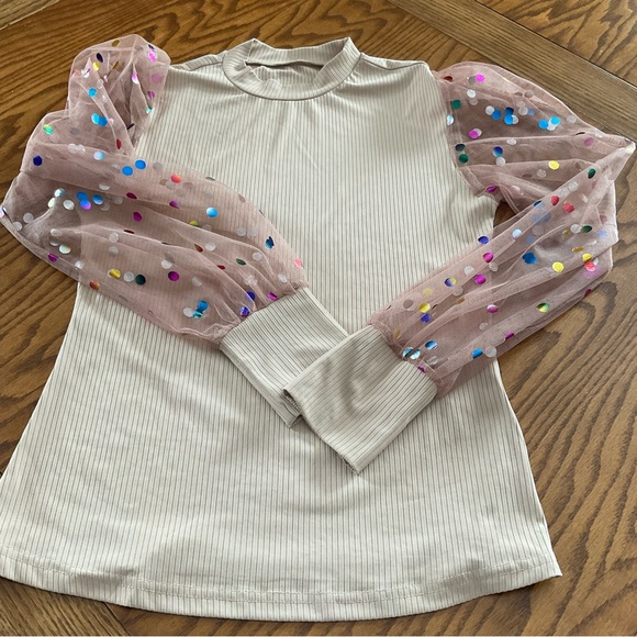 Polka Dot Chiffon Ruched Puff Sleeve Party Top, Women’s Sz M - Picture 9 of 9